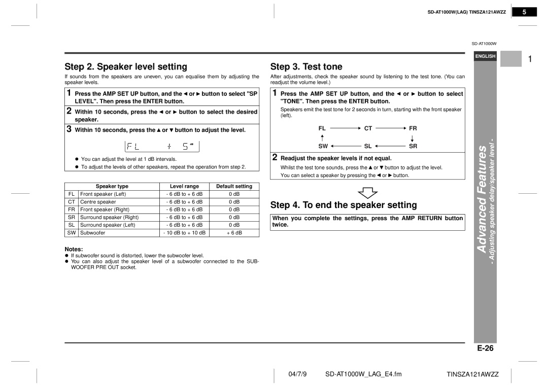 Sharp SD-AT1000W Speaker level setting, Test tone, To end the speaker setting, Speaker type Level range Default setting 