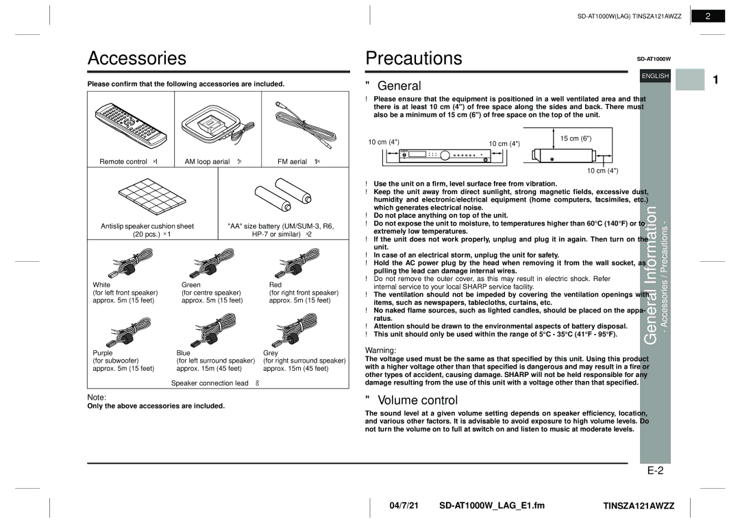 Sharp operation manual Accessories, PrecautionsSD-AT1000W, General, Volume control 