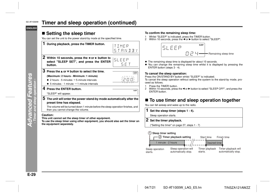 Sharp SD-AT1000W operation manual Setting the sleep timer, To use timer and sleep operation together 