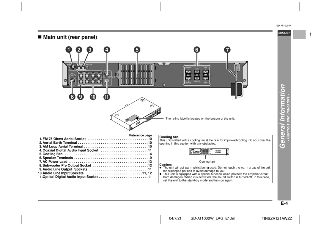 Sharp SD-AT1000W operation manual Main unit rear panel, Cooling fan 