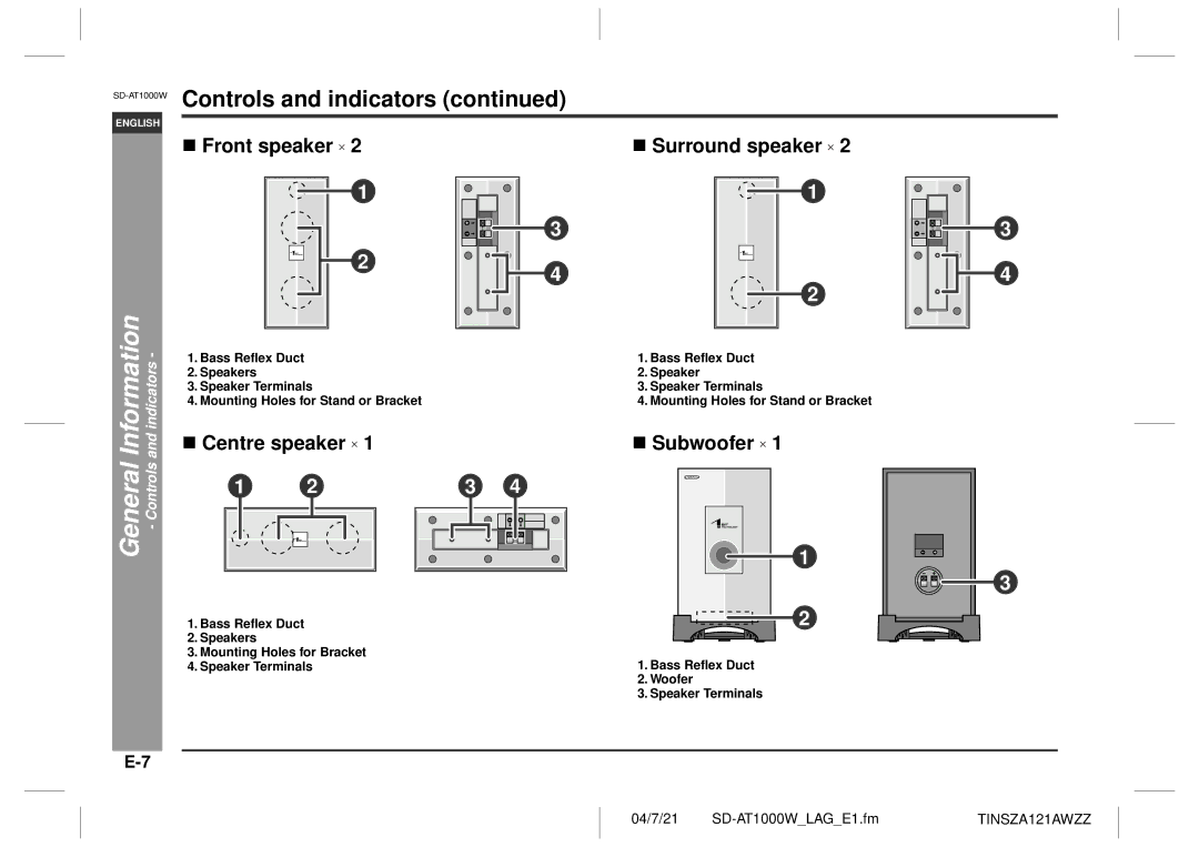 Sharp SD-AT1000W operation manual Front speaker, Centre speaker, Subwoofer, Bass Reflex Duct Woofer Speaker Terminals 