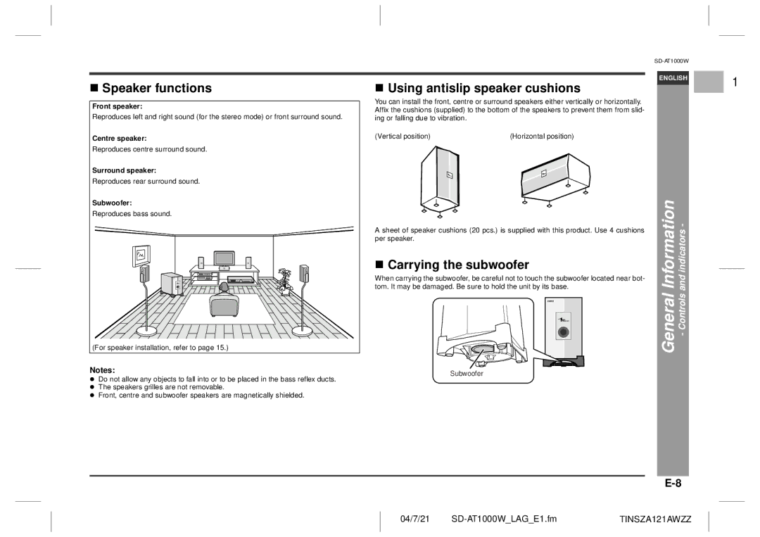 Sharp SD-AT1000W operation manual Speaker functions, Using antislip speaker cushions, Carrying the subwoofer 