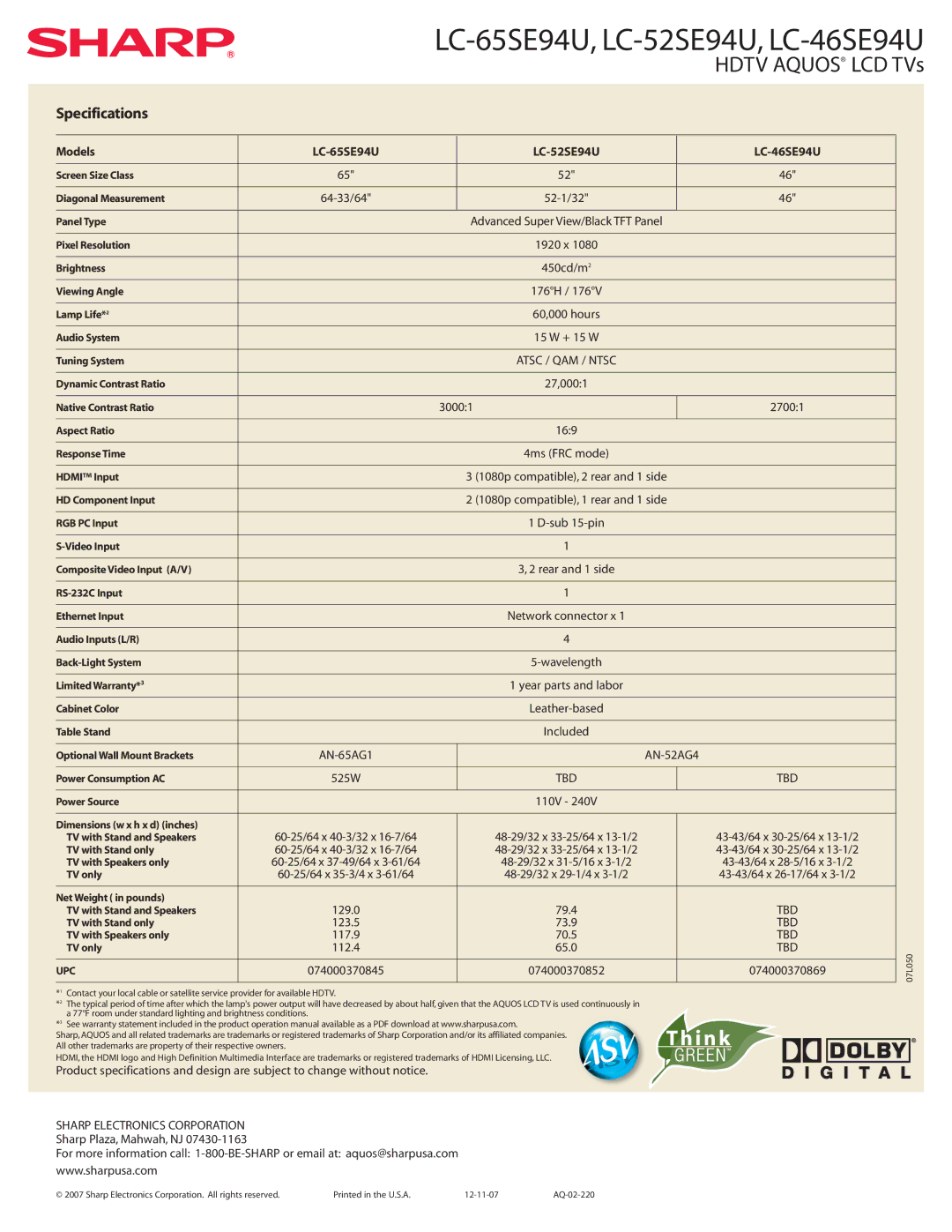 Sharp SE94U Series manual 52-1/32, Advanced Super View/Black TFT Panel, 30001, AN-52AG4 