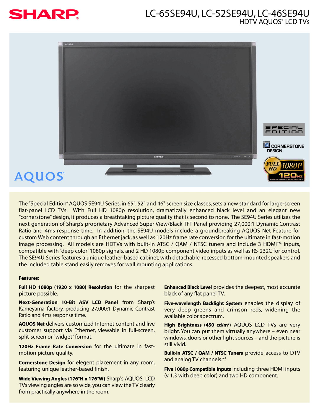 Sharp SE94U Series manual HDTV AQUOS LCD TVs, LC-65SE94U, LC-52SE94U, LC-46SE94U 