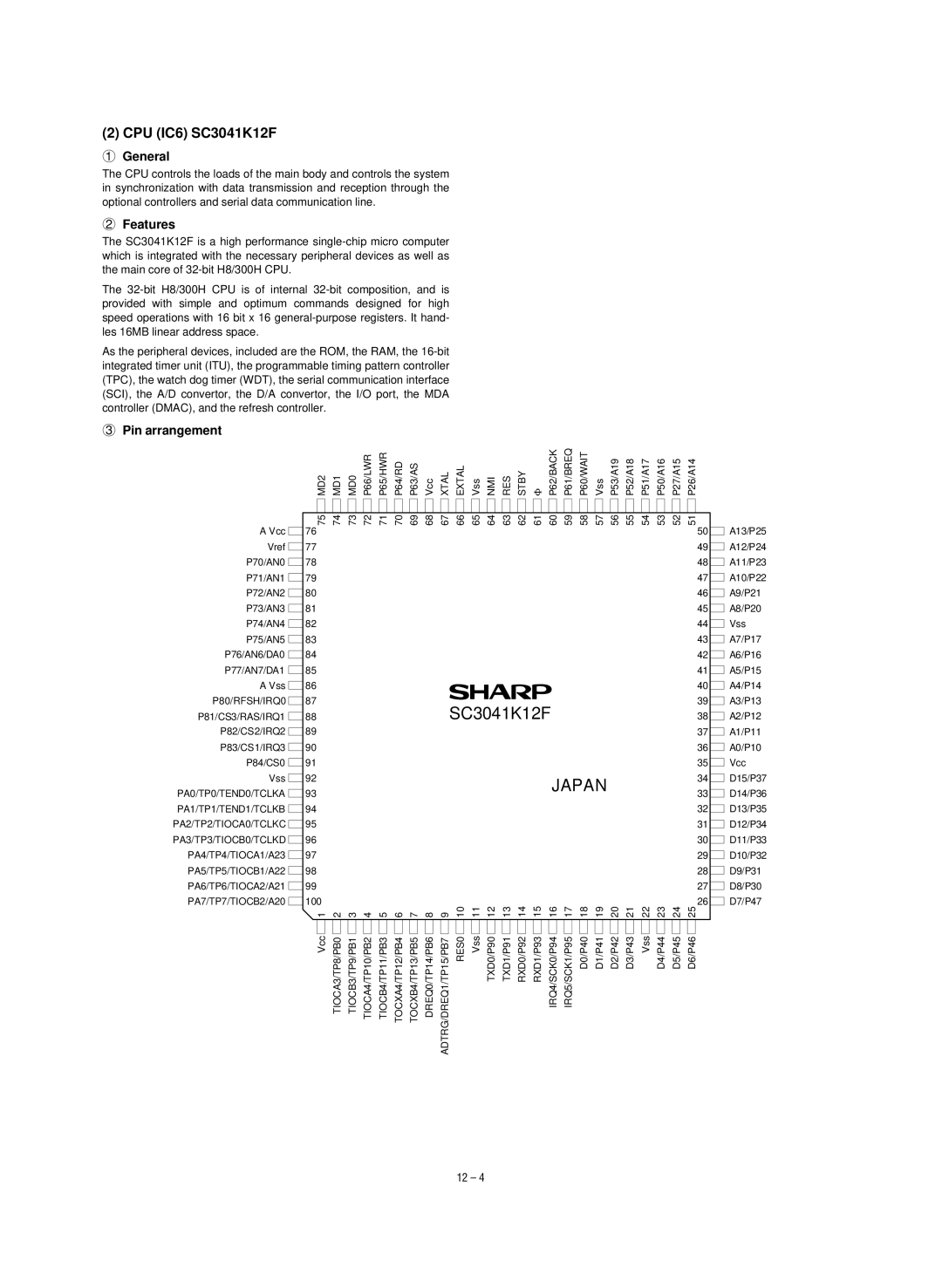 Sharp SF-1020, SF-1120 service manual CPU IC6 SC3041K12F, Features, Pin arrangement 