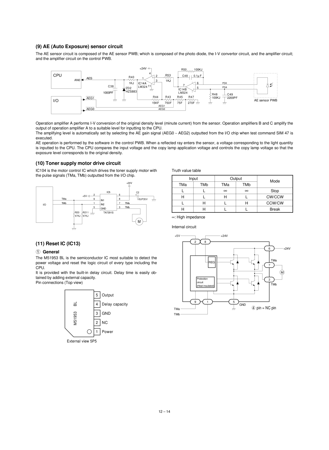 Sharp SF-1020, SF-1120 AE Auto Exposure sensor circuit, Toner supply motor drive circuit, Reset IC IC13, Cw/Ccw, Ccw/Cw 