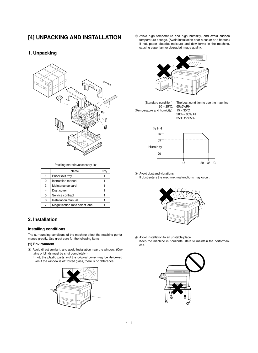 Sharp SF-1120, SF-1020 service manual Unpacking and Installation, Installing conditions, Environment 