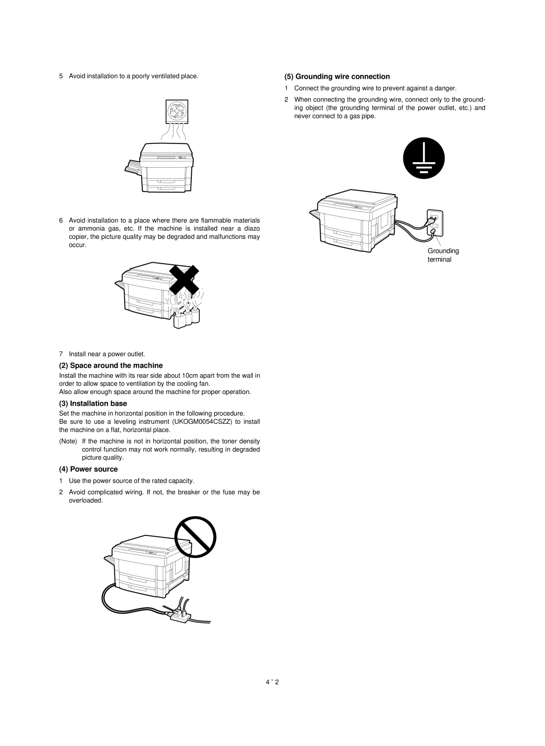 Sharp SF-1020, SF-1120 service manual Space around the machine, Installation base, Power source, Grounding wire connection 