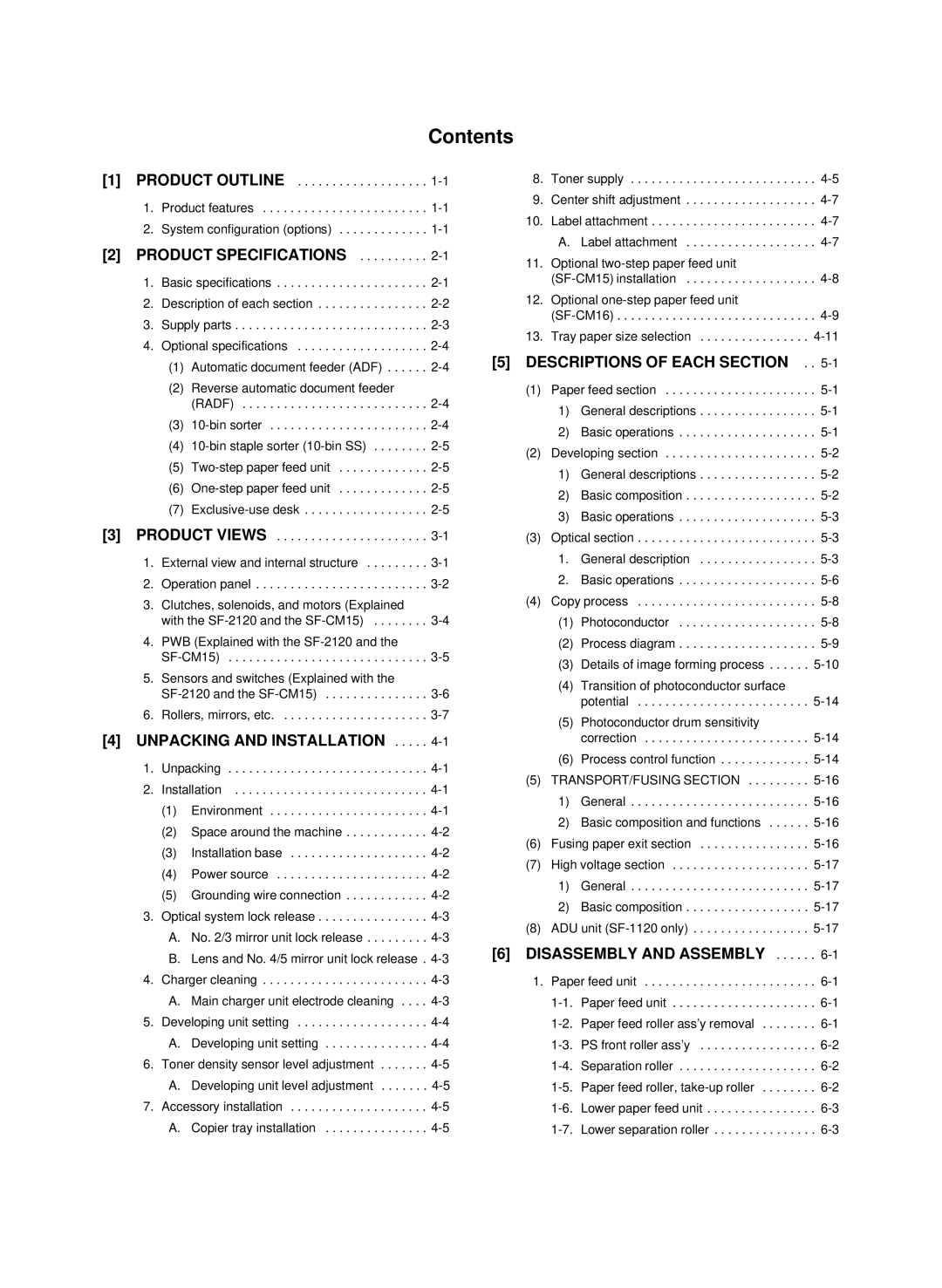 Sharp SF-1120, SF-1020 service manual Contents 