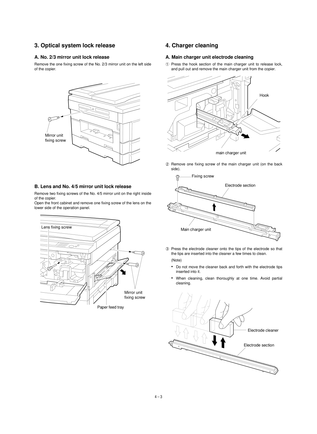 Sharp SF-1120, SF-1020 service manual Optical system lock release, Charger cleaning, No /3 mirror unit lock release 