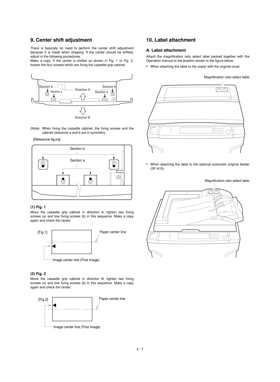 Sharp SF-1120, SF-1020 service manual Center shift adjustment, Label attachment 