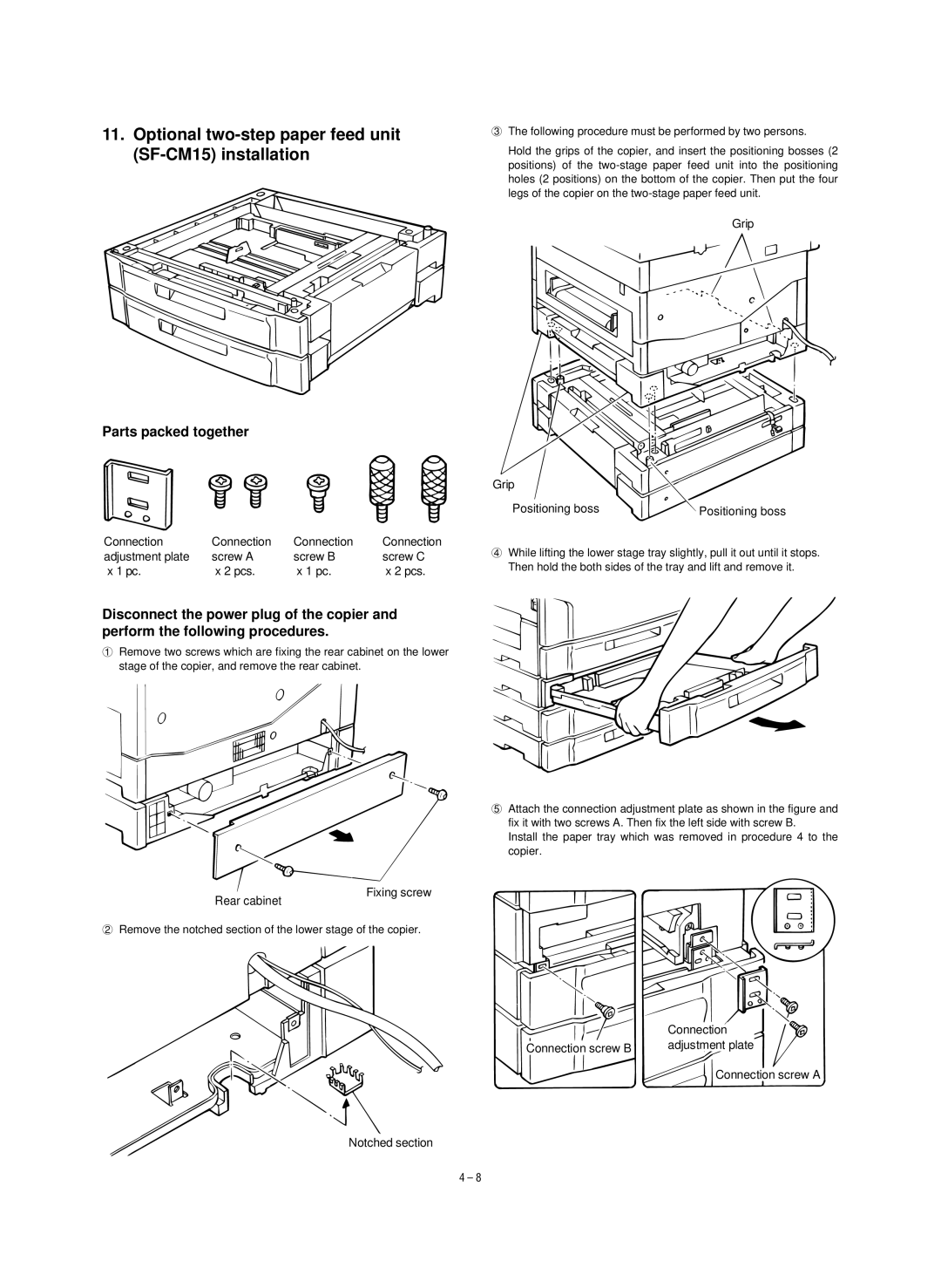 Sharp SF-1020, SF-1120 service manual Optional two-step paper feed unit SF-CM15 installation, Parts packed together 