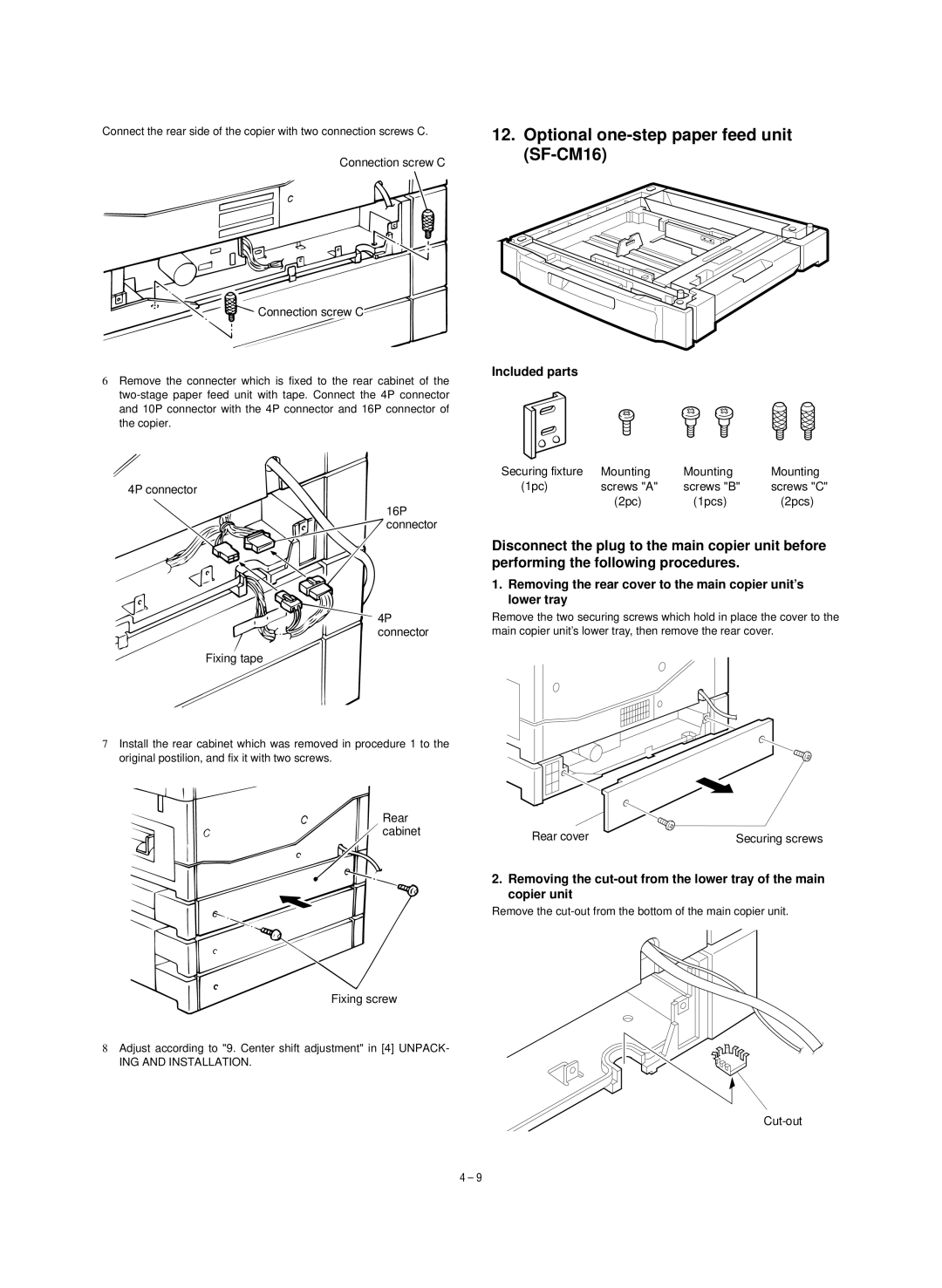 Sharp SF-1120, SF-1020 service manual Optional one-step paper feed unit SF-CM16, Included parts, ING and Installation 