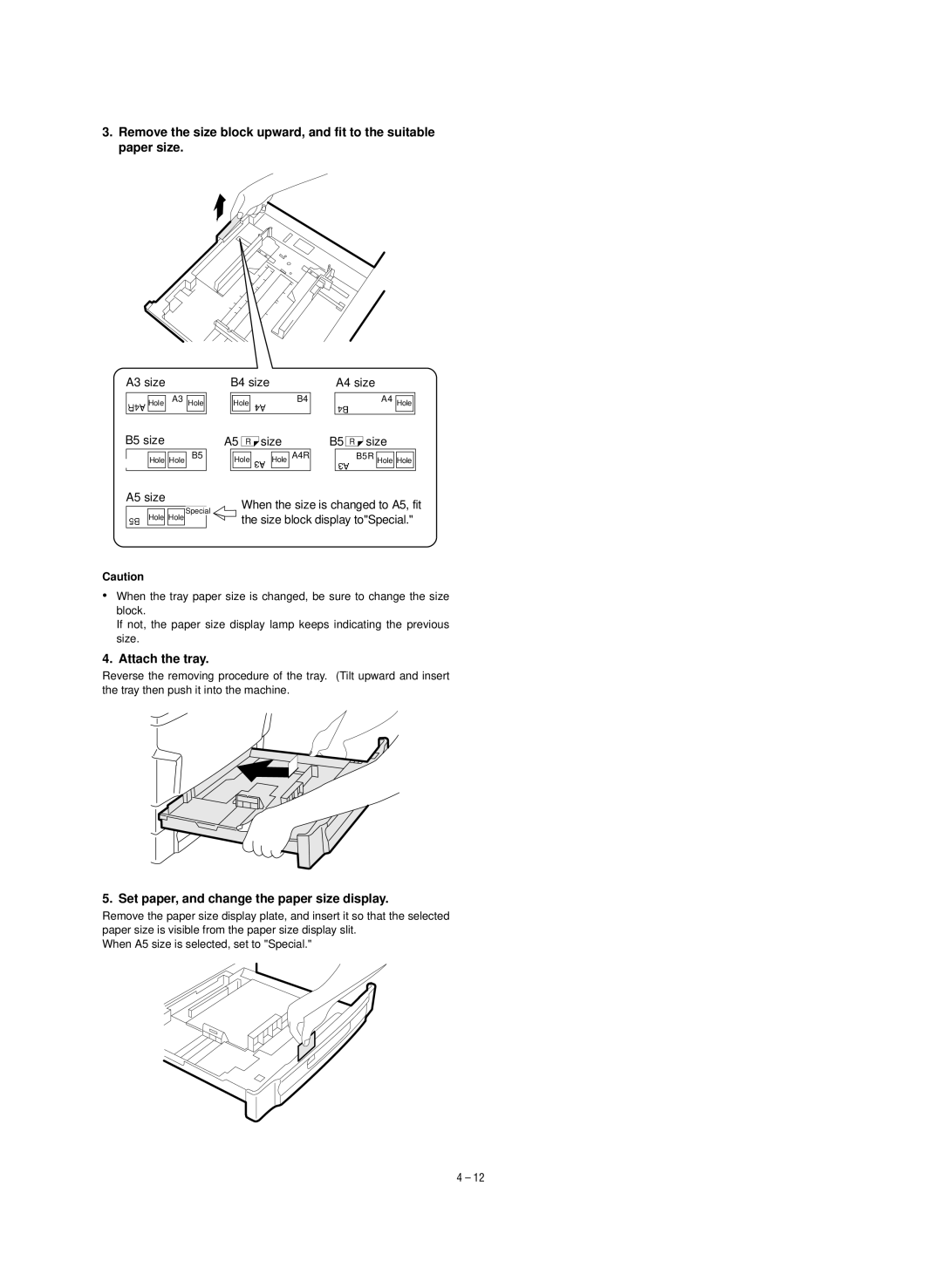 Sharp SF-1020, SF-1120 service manual Attach the tray, Set paper, and change the paper size display 