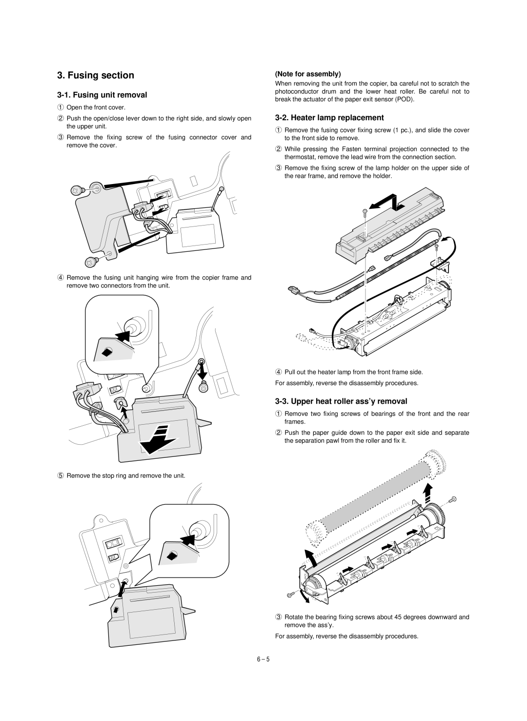 Sharp SF-1120, SF-1020 Fusing section, Fusing unit removal, Heater lamp replacement, Upper heat roller assy removal 