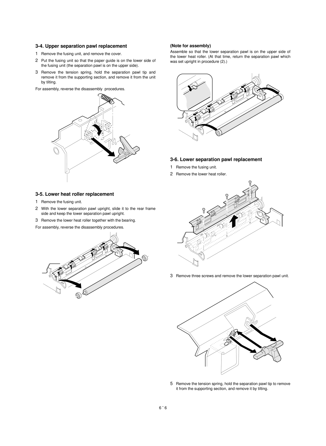 Sharp SF-1020, SF-1120 Upper separation pawl replacement, Lower heat roller replacement, Lower separation pawl replacement 