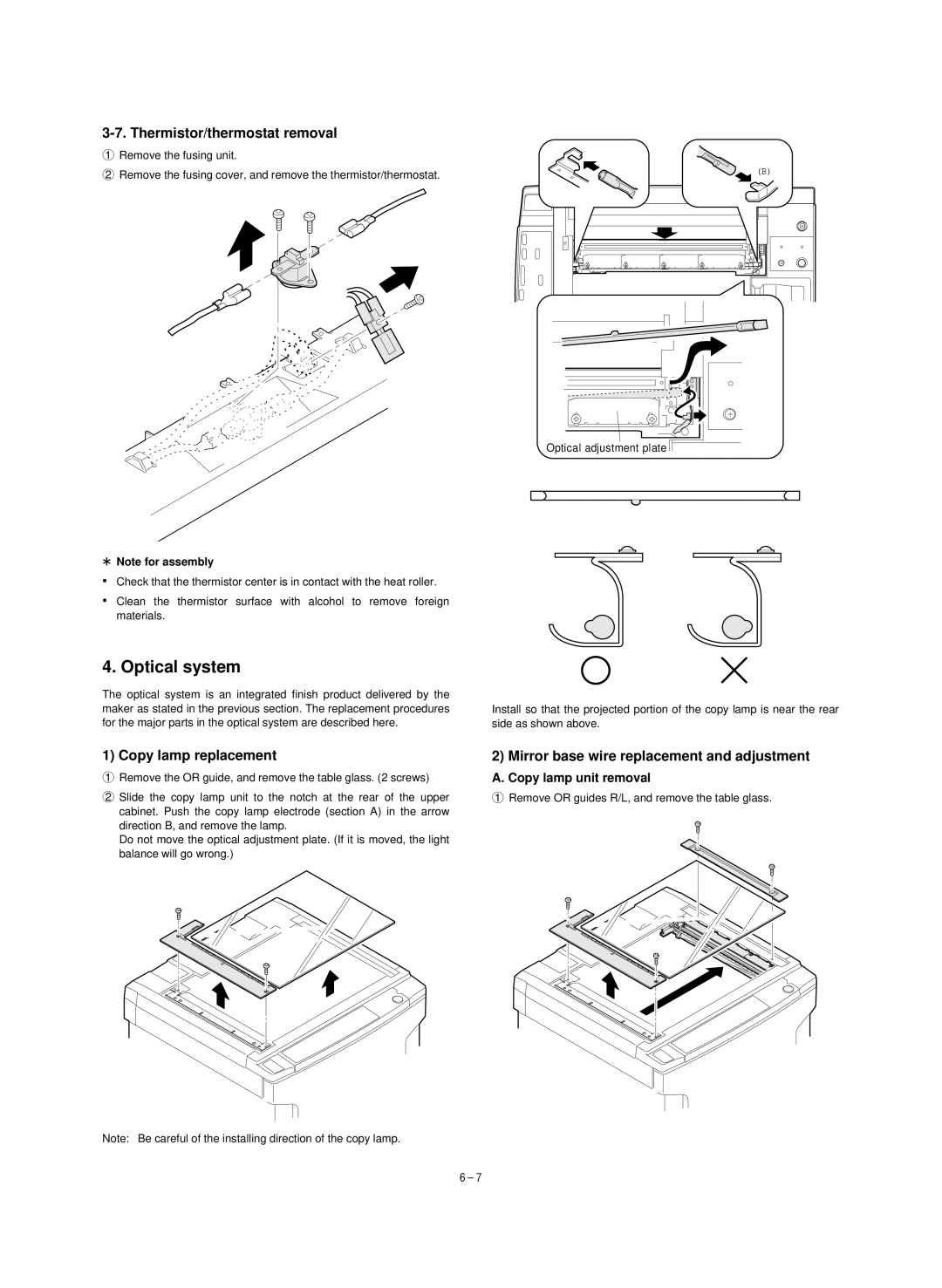 Sharp SF-1120, SF-1020 Optical system, Thermistor/thermostat removal, Copy lamp replacement, Copy lamp unit removal 