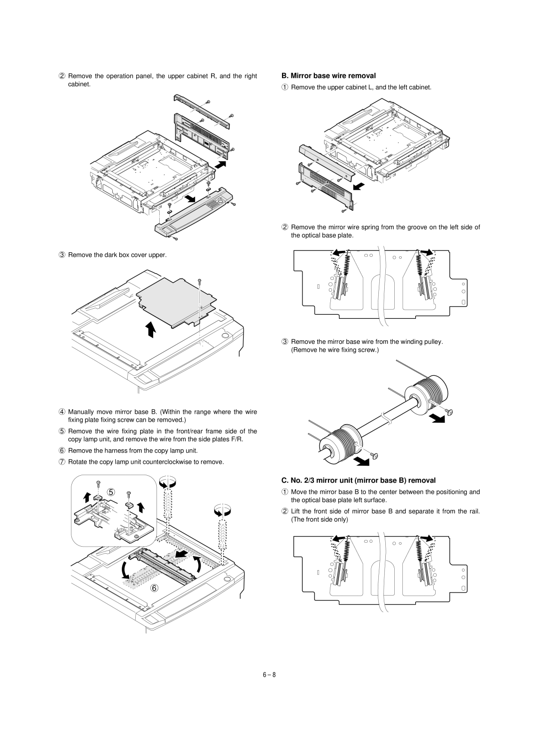 Sharp SF-1020, SF-1120 service manual Mirror base wire removal, No /3 mirror unit mirror base B removal 