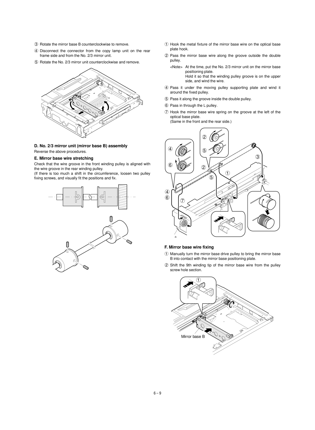 Sharp SF-1120, SF-1020 No /3 mirror unit mirror base B assembly, Mirror base wire stretching, Mirror base wire fixing 