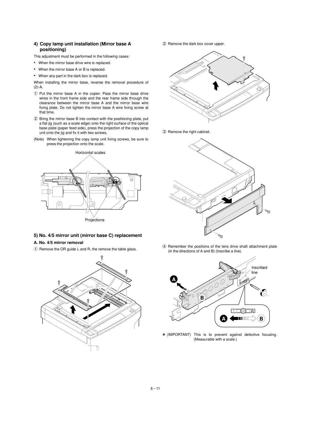 Sharp SF-1120, SF-1020 Copy lamp unit installation Mirror base a positioning, No /5 mirror unit mirror base C replacement 