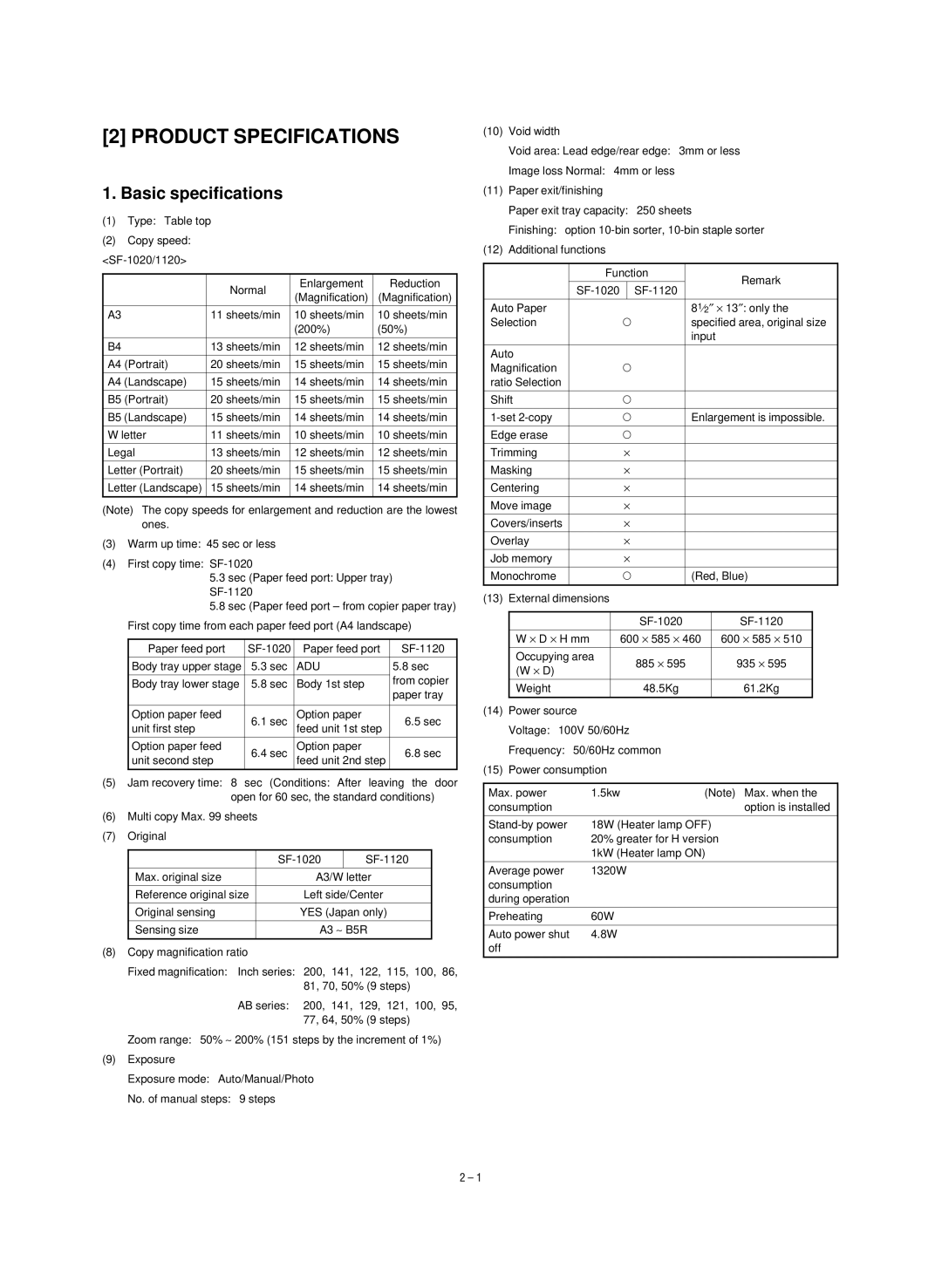 Sharp SF-1120, SF-1020 service manual Product Specifications, Basic specifications, Adu 