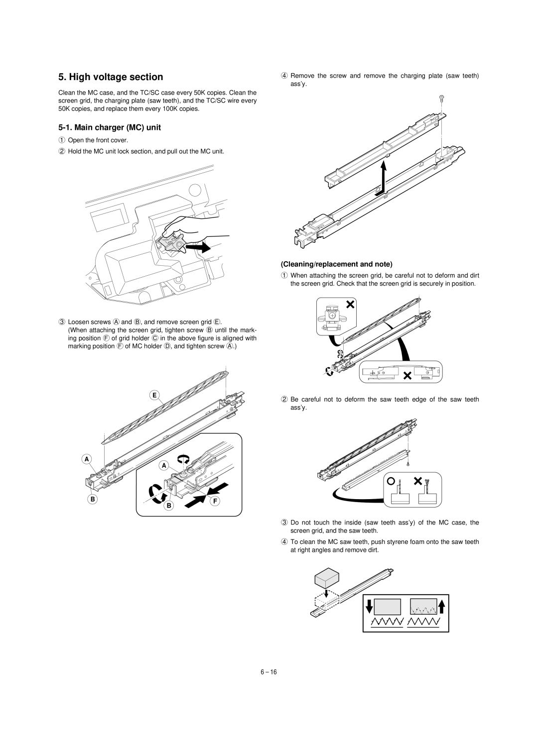 Sharp SF-1020, SF-1120 service manual High voltage section, Main charger MC unit, Cleaning/replacement and note 