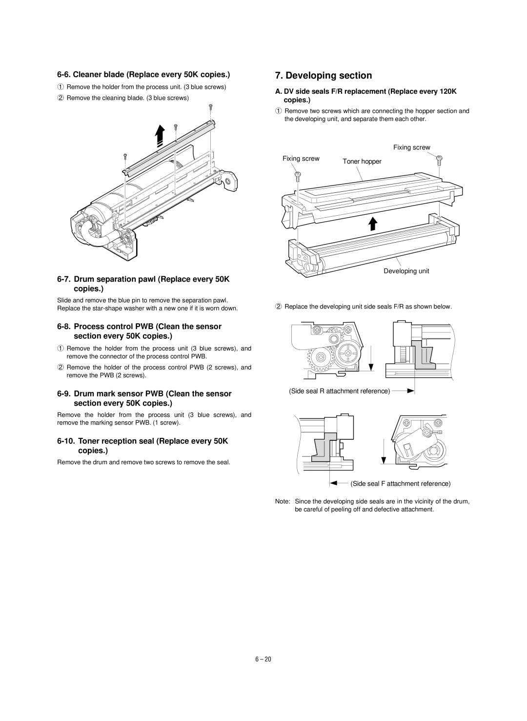 Sharp SF-1020, SF-1120 service manual Cleaner blade Replace every 50K copies, Drum separation pawl Replace every 50K copies 