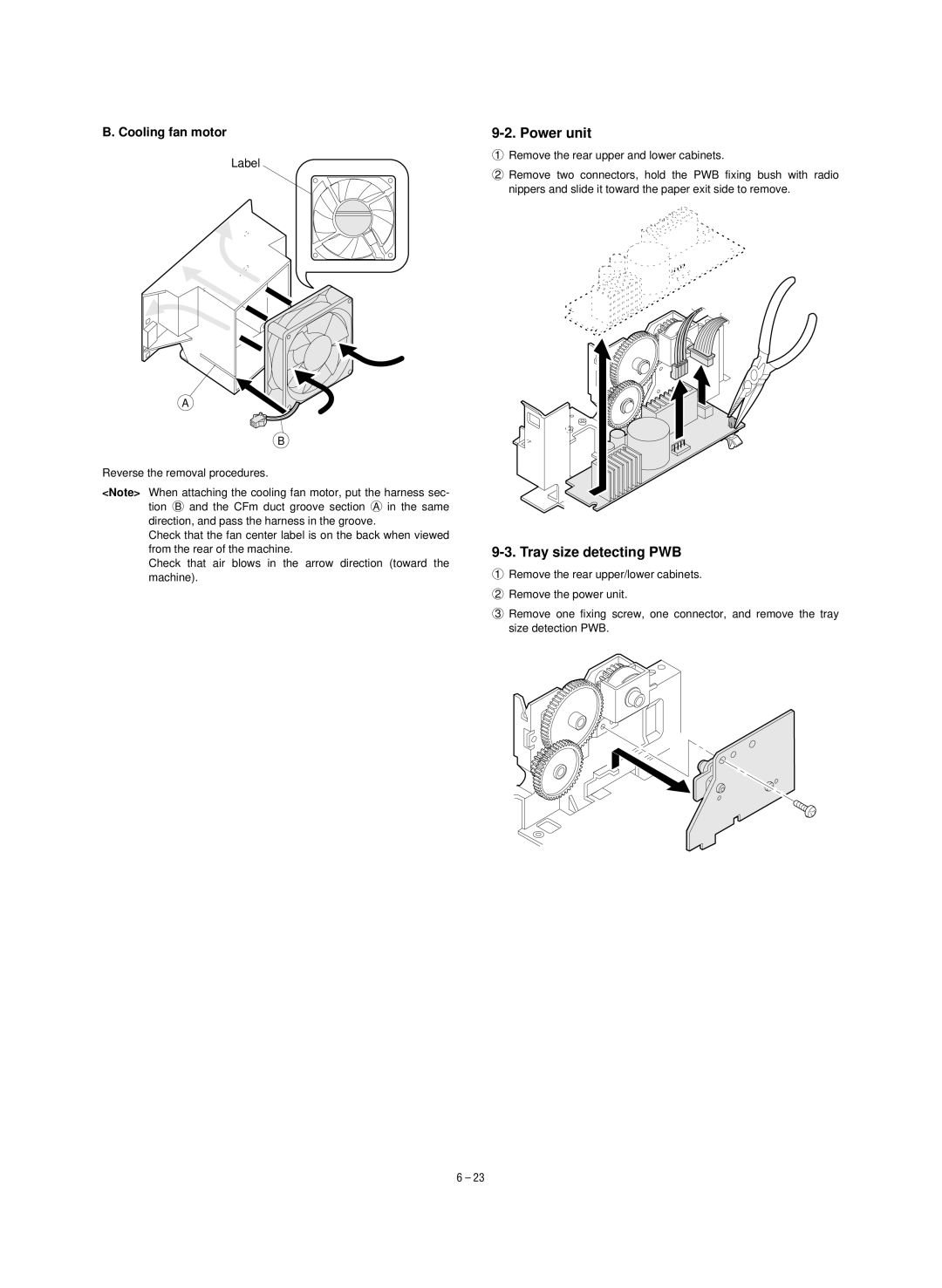 Sharp SF-1120, SF-1020 service manual Power unit, Tray size detecting PWB, Cooling fan motor 