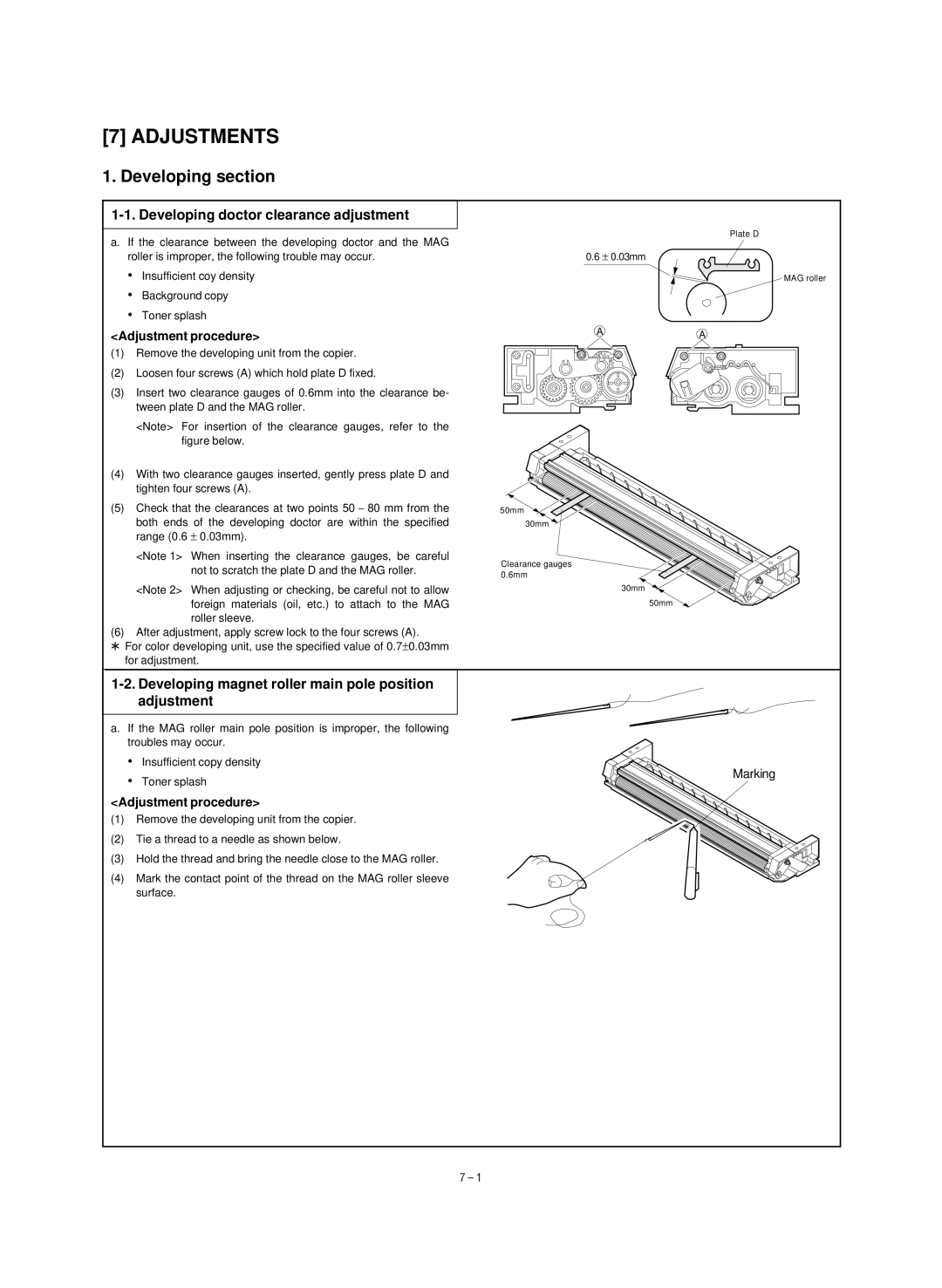 Sharp SF-1020 Adjustments, Developing doctor clearance adjustment, Developing magnet roller main pole position adjustment 