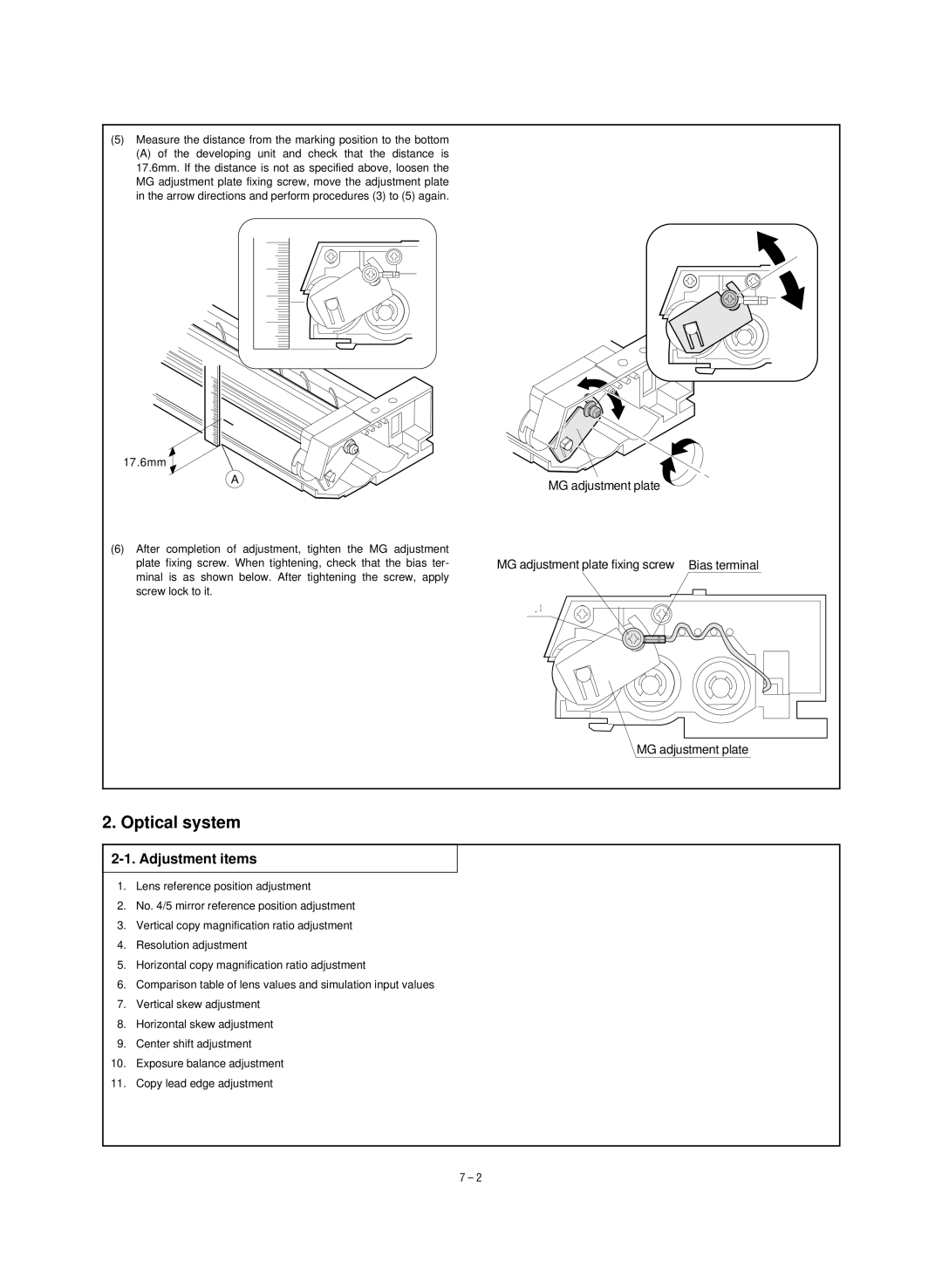 Sharp SF-1120, SF-1020 service manual Optical system, Adjustment items 