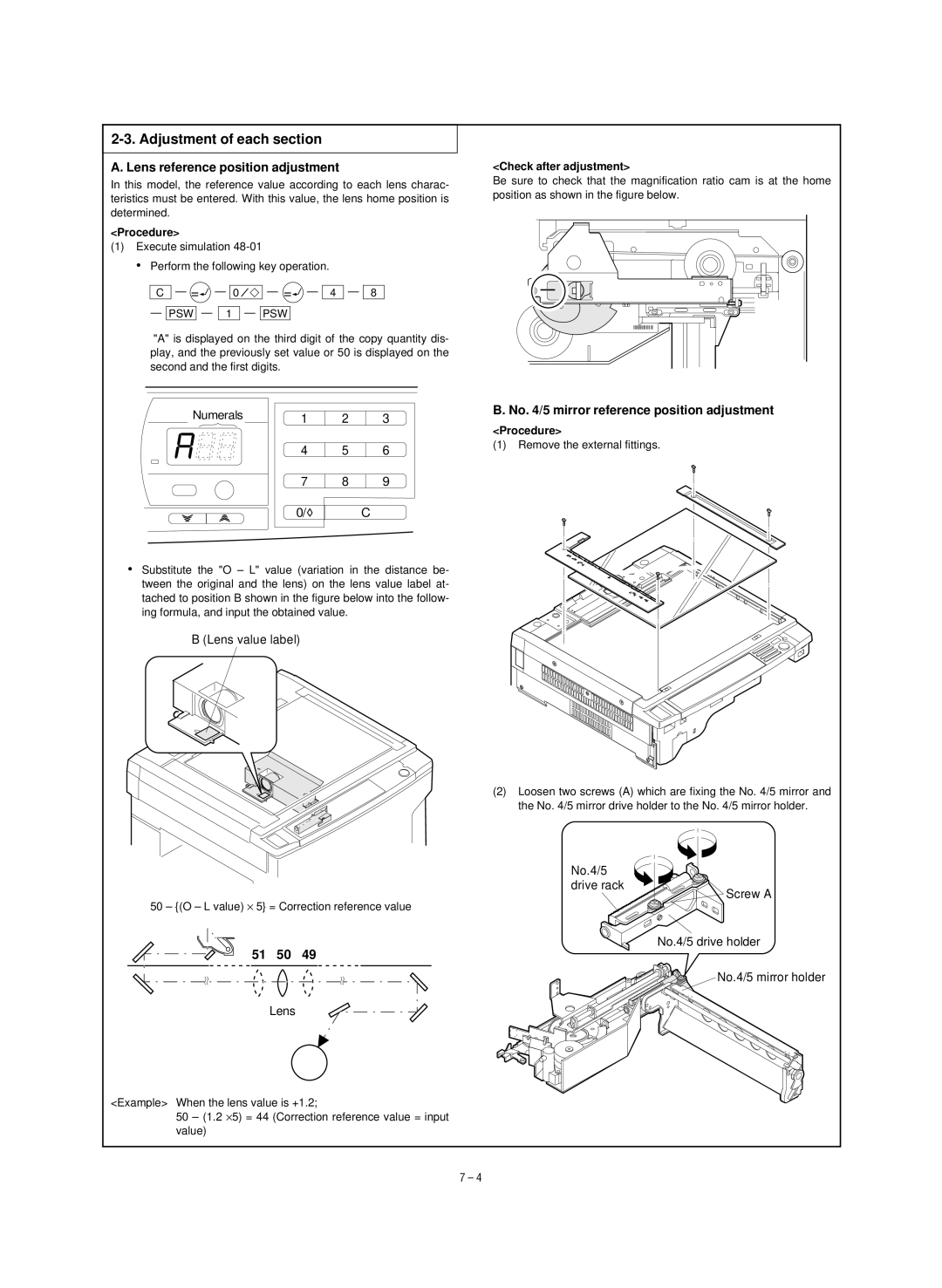 Sharp SF-1120, SF-1020 service manual Adjustment of each section, Lens reference position adjustment, 51 50 