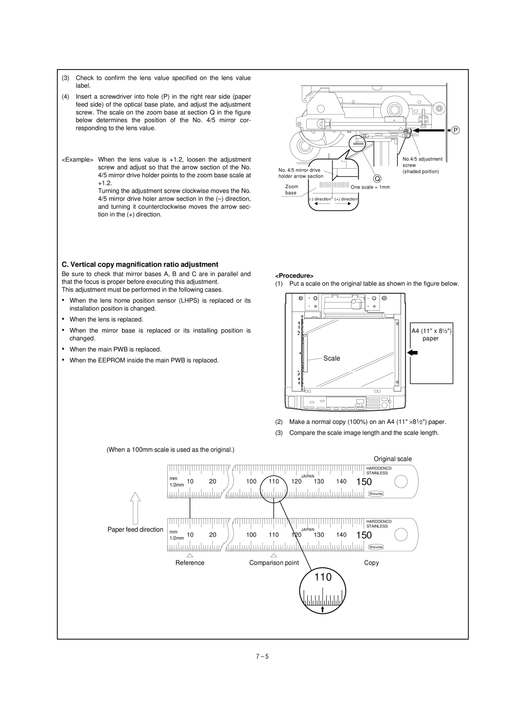 Sharp SF-1020, SF-1120 service manual 110, Vertical copy magnification ratio adjustment 