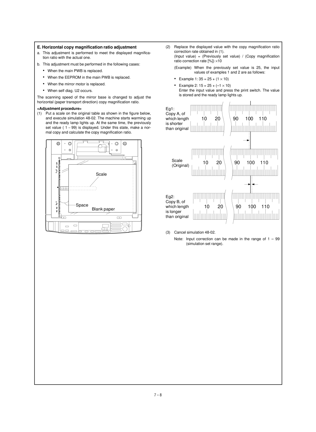 Sharp SF-1120, SF-1020 service manual Horizontal copy magnification ratio adjustment, Adjustment procedure 