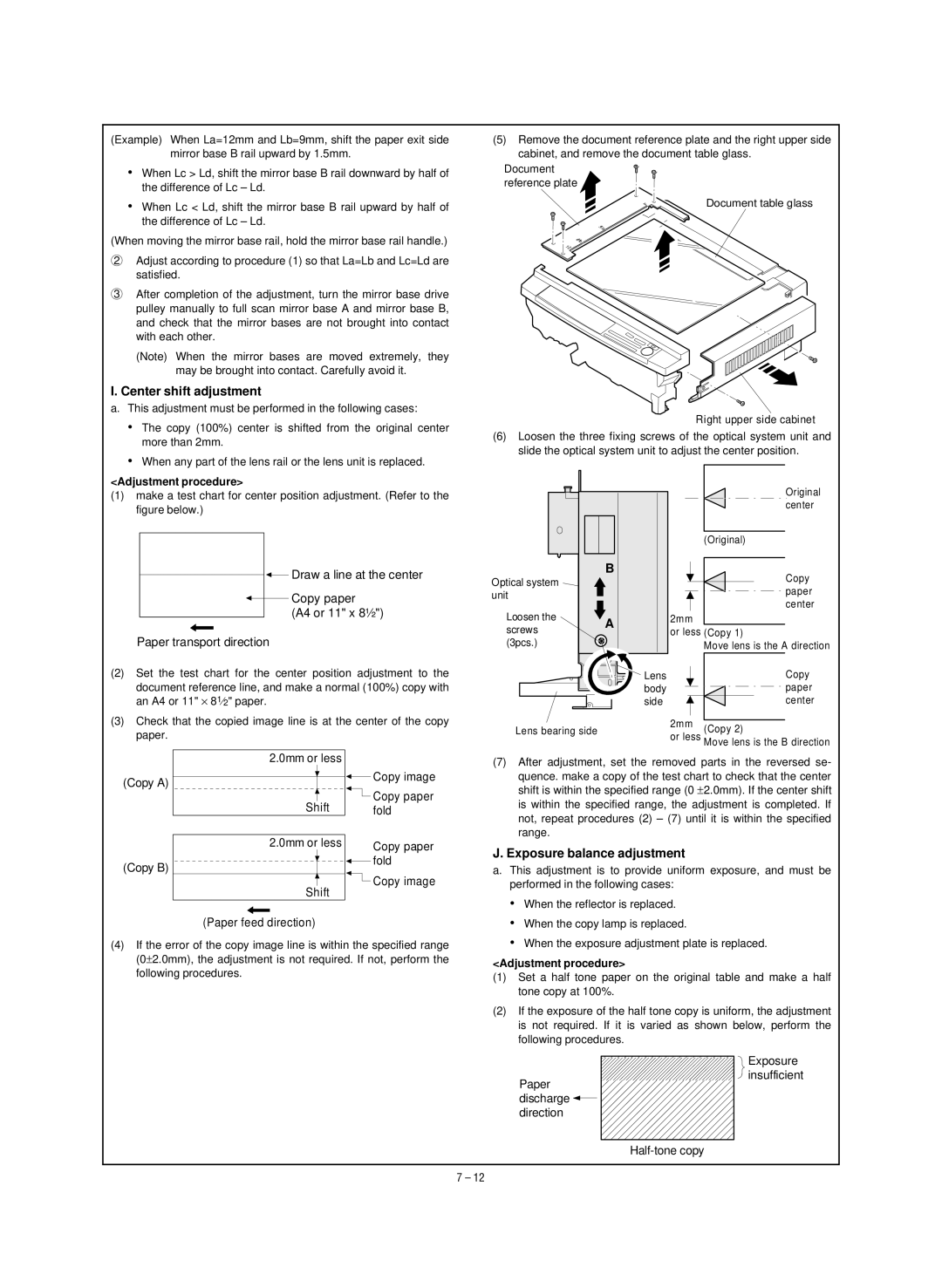 Sharp SF-1120, SF-1020 service manual Center shift adjustment, Exposure balance adjustment 