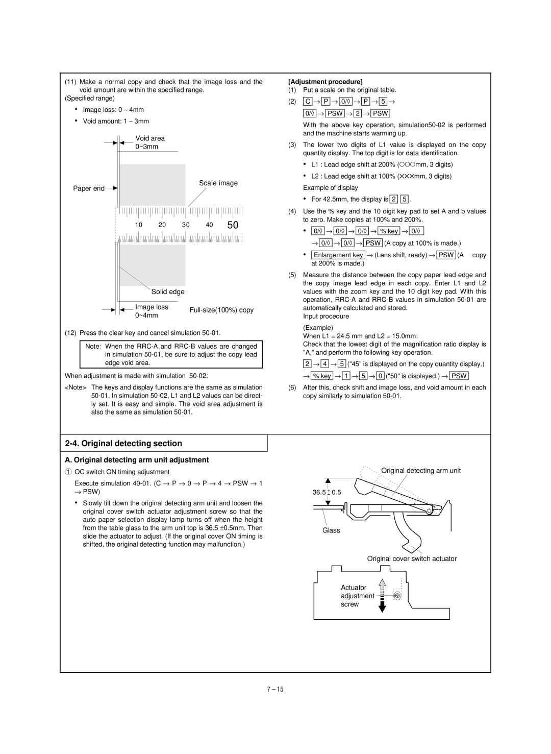 Sharp SF-1020, SF-1120 service manual Original detecting section, Original detecting arm unit adjustment 