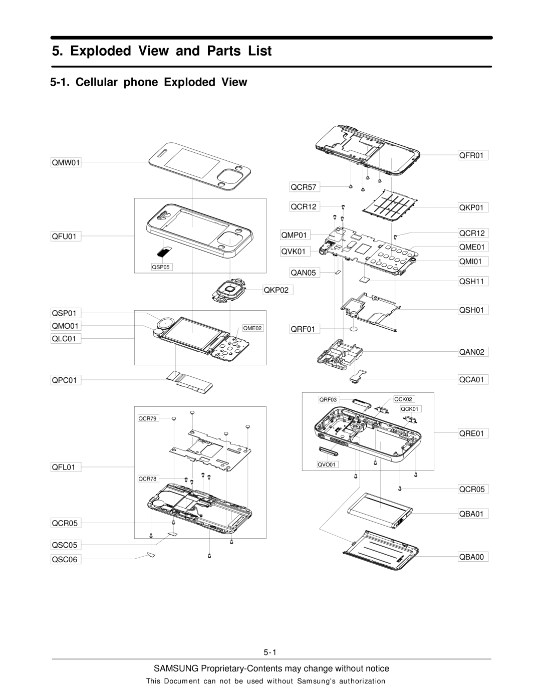 Sharp SGH-F250 manual Exploded View and Parts List, Cellular phone Exploded View 