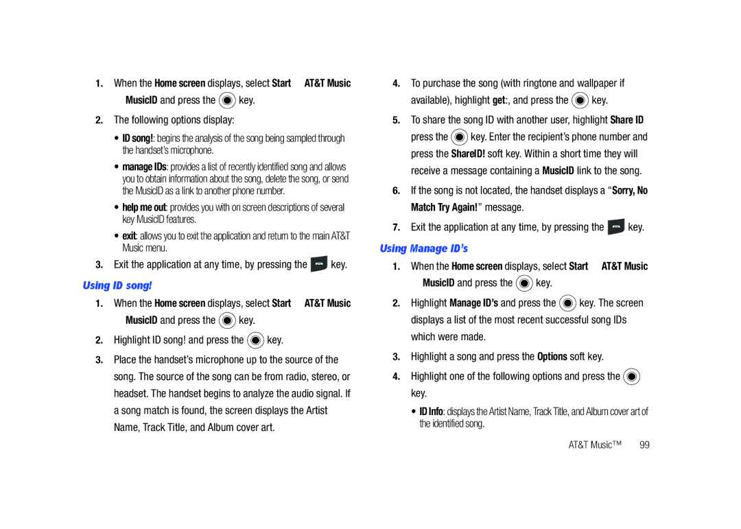 Sharp SGH-I627 user manual MusicID and press the key Following options display, Using ID song, Using Manage ID’s 