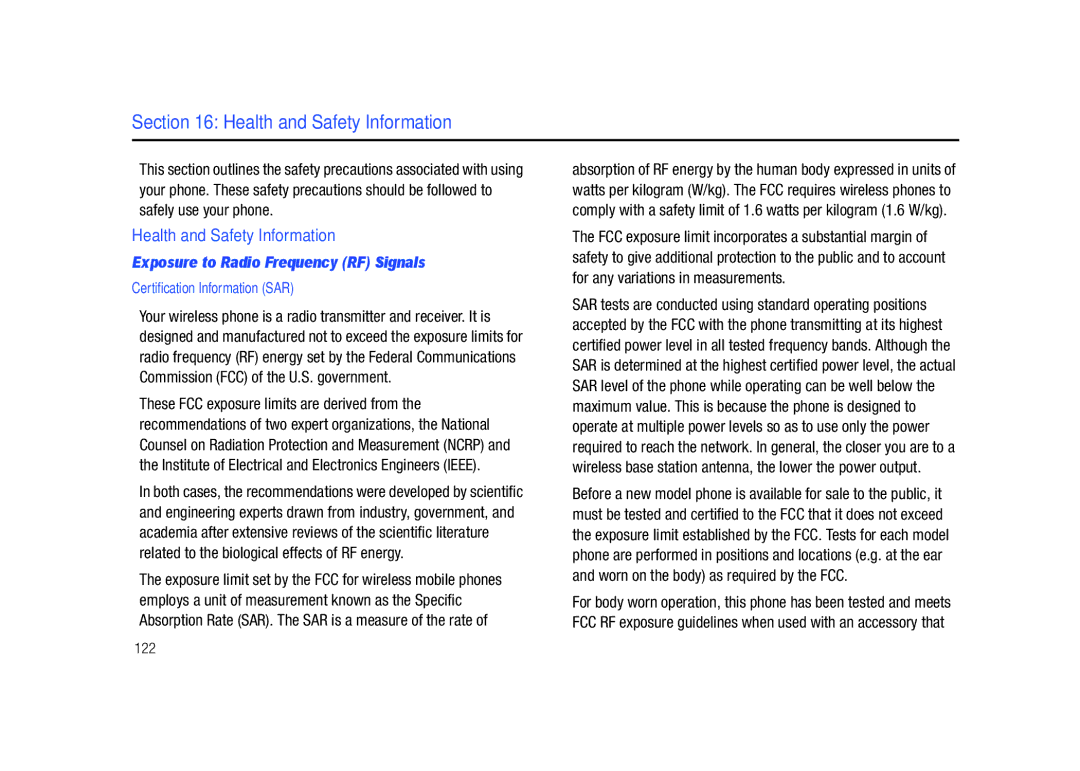 Sharp SGH-I627 user manual Health and Safety Information, Exposure to Radio Frequency RF Signals, 122 