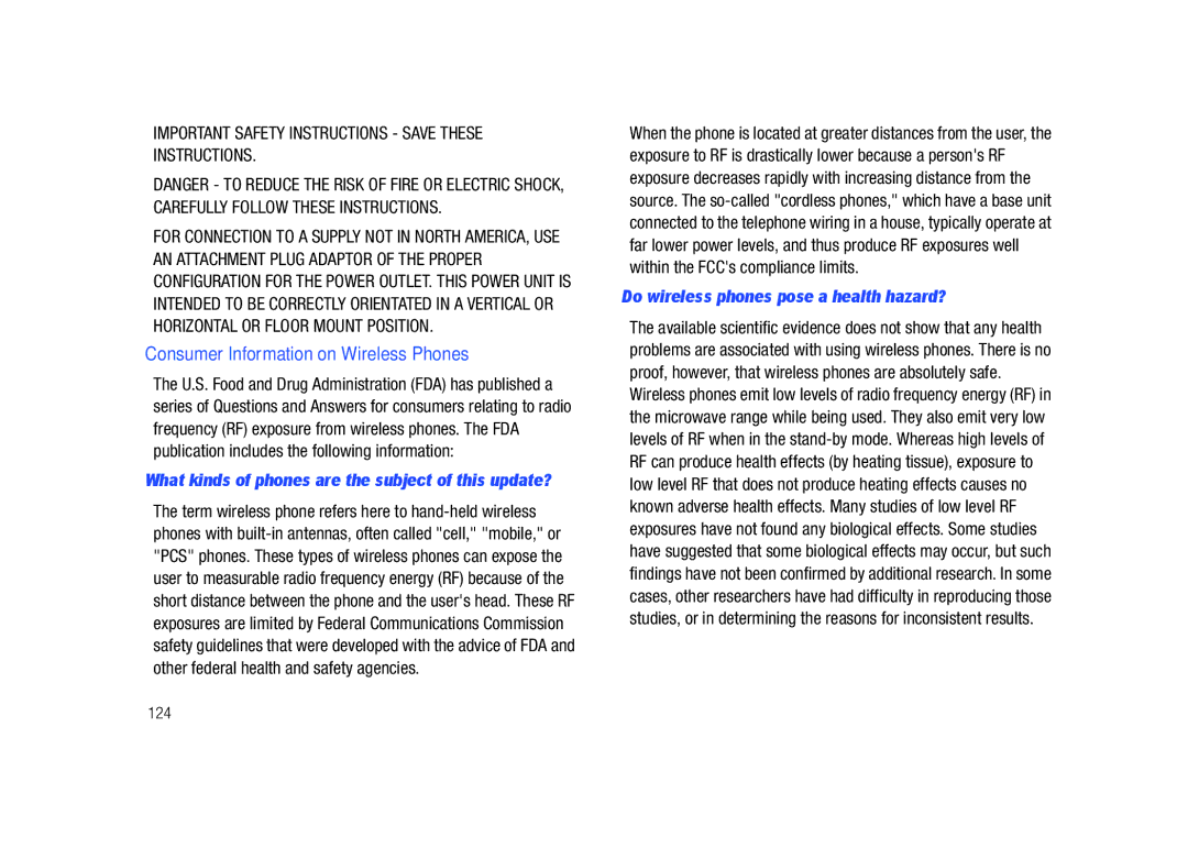 Sharp SGH-I627 user manual Consumer Information on Wireless Phones, Do wireless phones pose a health hazard?, 124 