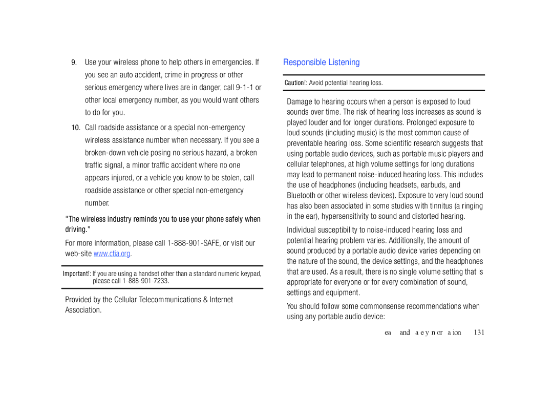 Sharp SGH-I627 user manual Responsible Listening, 131 