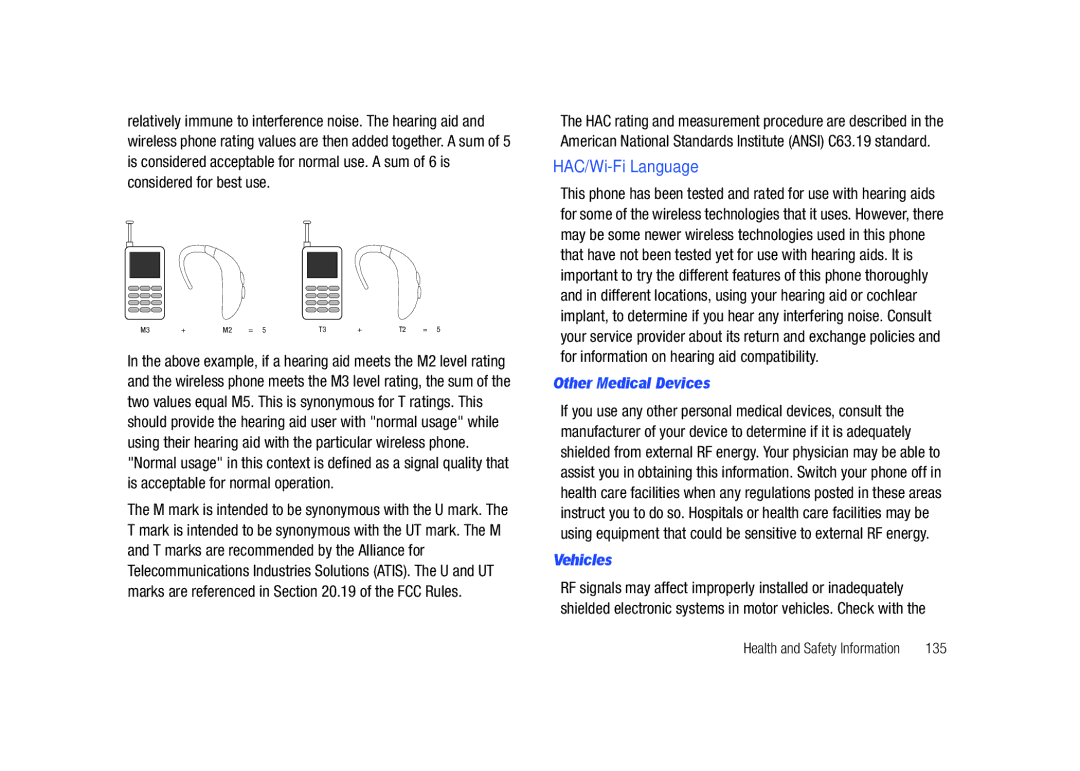 Sharp SGH-I627 user manual HAC/Wi-Fi Language, Other Medical Devices, Vehicles, 135 