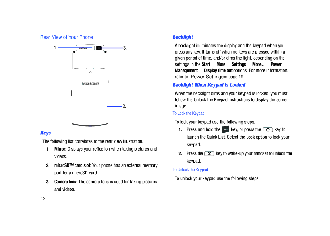 Sharp SGH-I627 Rear View of Your Phone, Backlight When Keypad is Locked, To lock your keypad use the following steps 