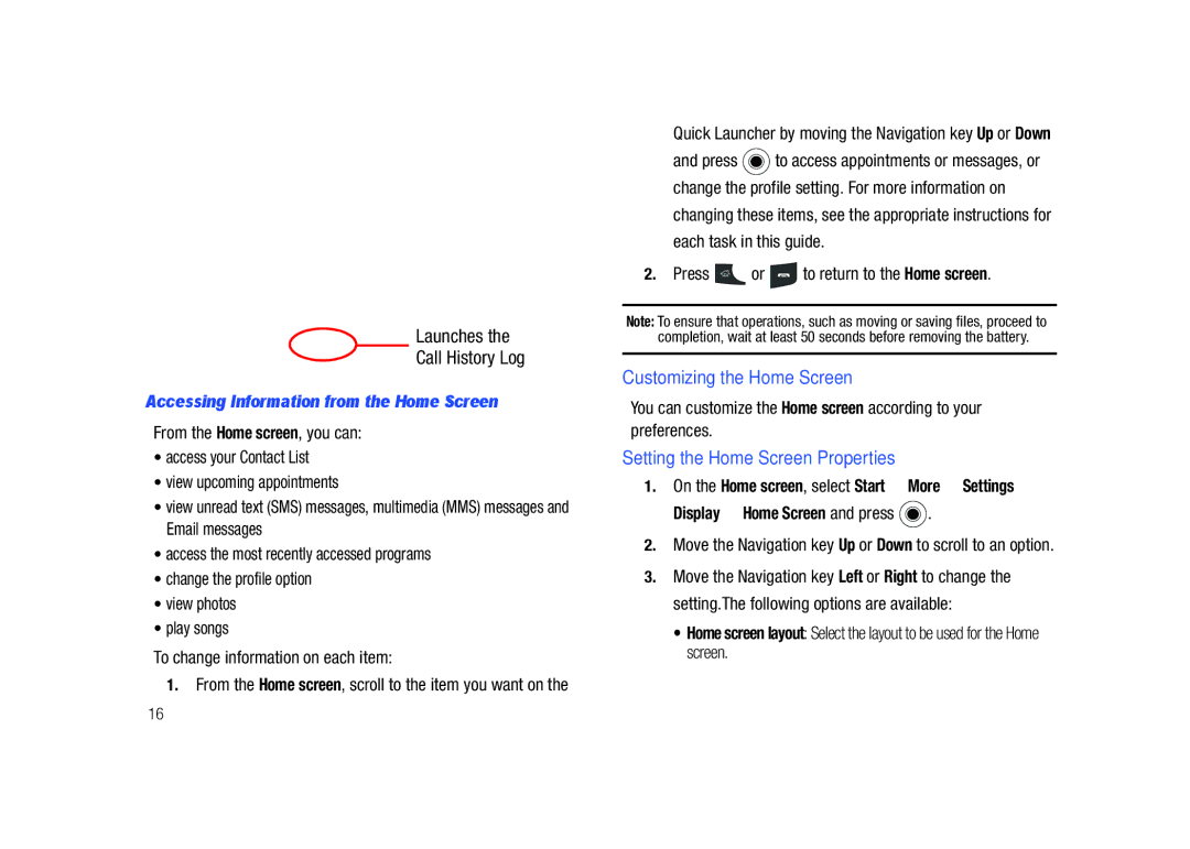 Sharp SGH-I627 Customizing the Home Screen, Setting the Home Screen Properties, Accessing Information from the Home Screen 