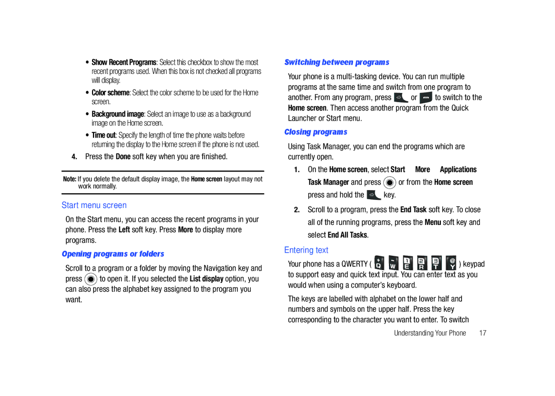 Sharp SGH-I627 Start menu screen, Entering text, Opening programs or folders, Switching between programs, Closing programs 