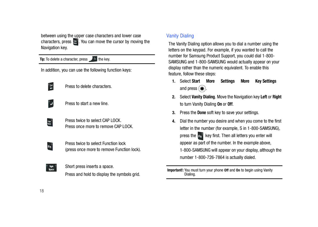 Sharp SGH-I627 Vanity Dialing, Press the Done soft key to save your settings, Tip To delete a character, press the key 