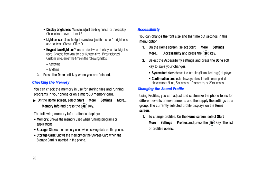 Sharp SGH-I627 user manual Checking the Memory, More... Accessibility and press the key, Changing the Sound Profile 