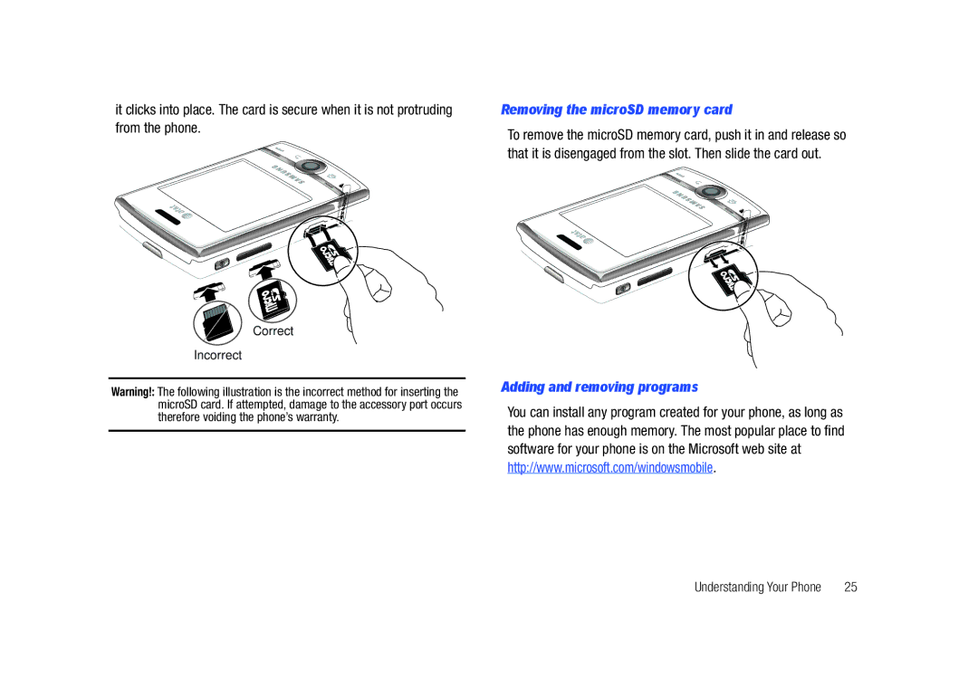 Sharp SGH-I627 Removing the microSD memory card, From the phone, Adding and removing programs, Correct Incorrect 