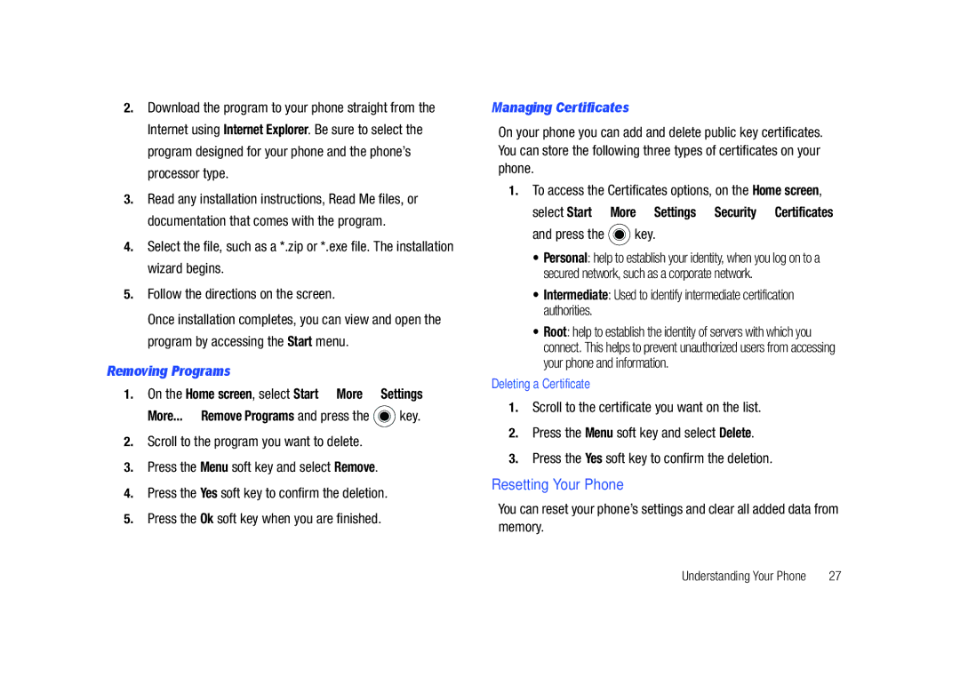 Sharp SGH-I627 user manual Resetting Your Phone, Removing Programs, Managing Certificates 