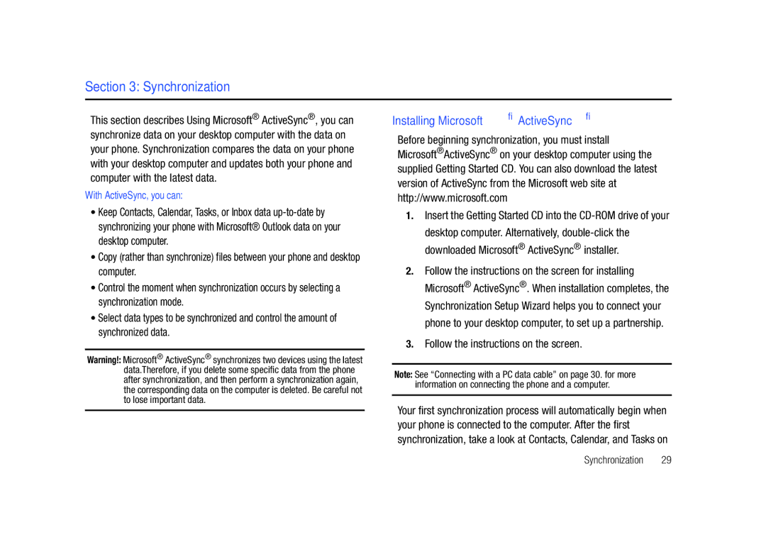 Sharp SGH-I627 user manual Synchronization, Installing Microsoft ActiveSync, Follow the instructions on the screen 