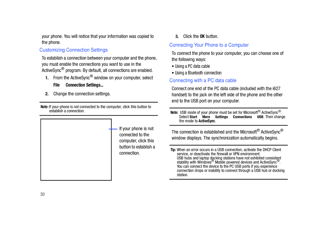 Sharp SGH-I627 Customizing Connection Settings, Connecting Your Phone to a Computer, Connecting with a PC data cable 